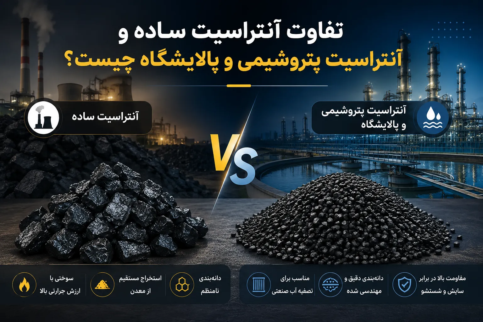 تفاوت آنتراسیت ساده و آنتراسیت پتروشیمی و پالایشگاه چیست؟ (راهنمای جامع و کاربردی)